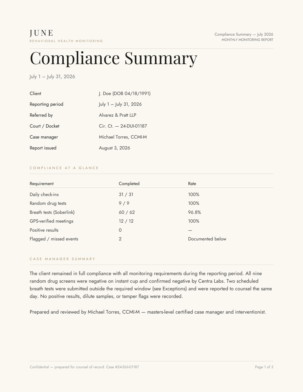 First page of a June monthly monitoring report showing the compliance summary